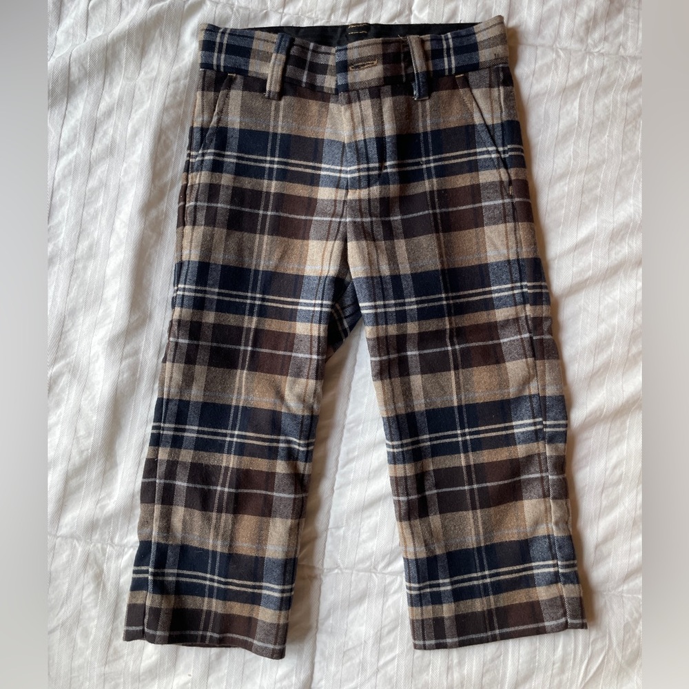 Janie and Jack Boys - Navy Brown Tan Plaid Dress Pants - 18-24 months.
